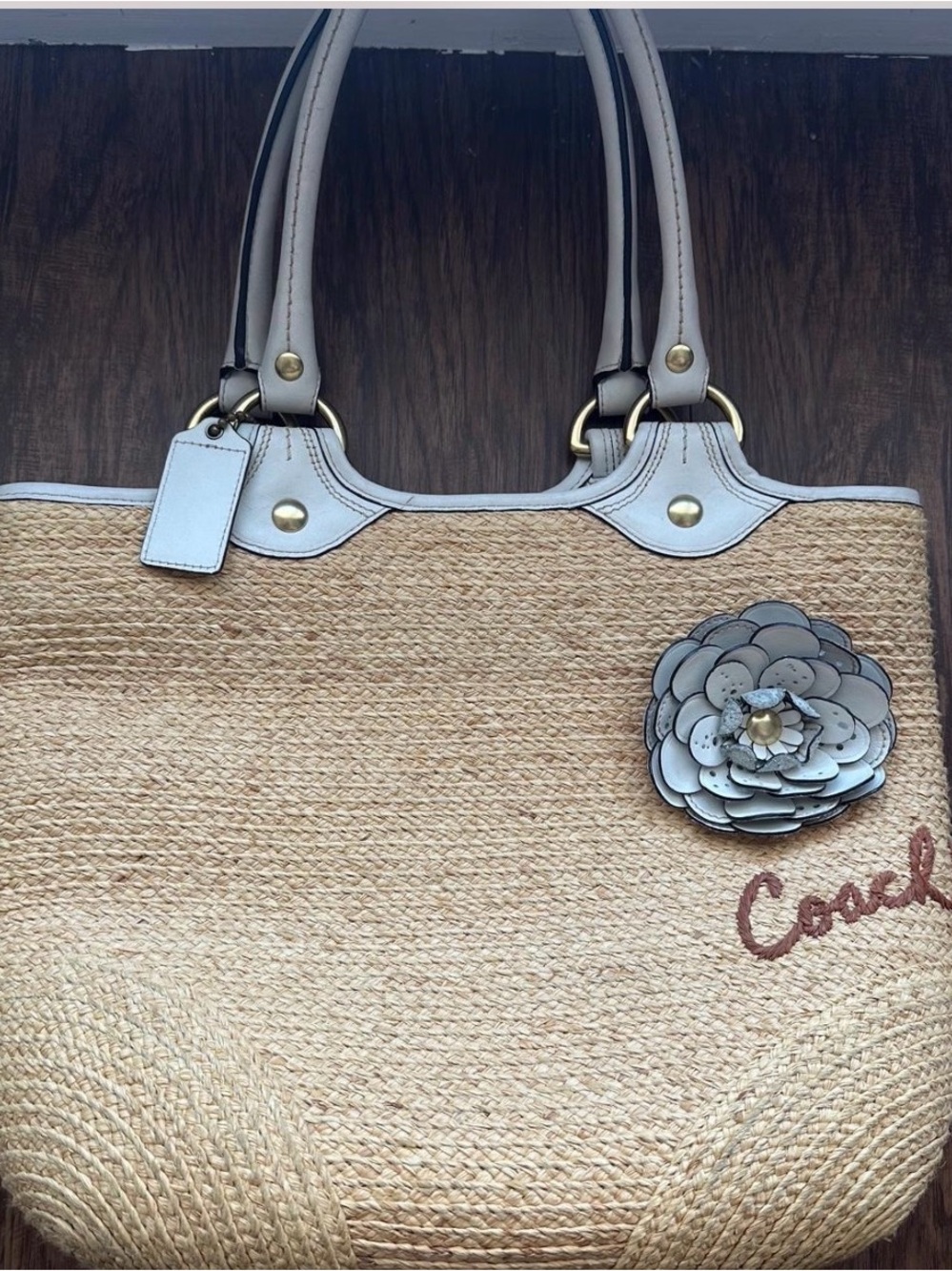 Vintage Coach Natural Straw Tote with Light Gray Leather Trim and Floral Appliqu